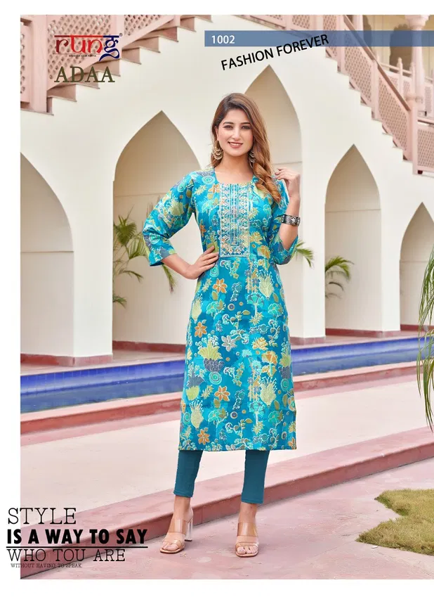 Adaa By Rung Silk Printed Embroidery Kurtis Wholesale Price In Surat
