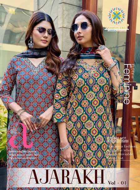 Ajarakh Vol 1 By Passion Tree Cotton Printed Kurti With Bottom Dupatta 
