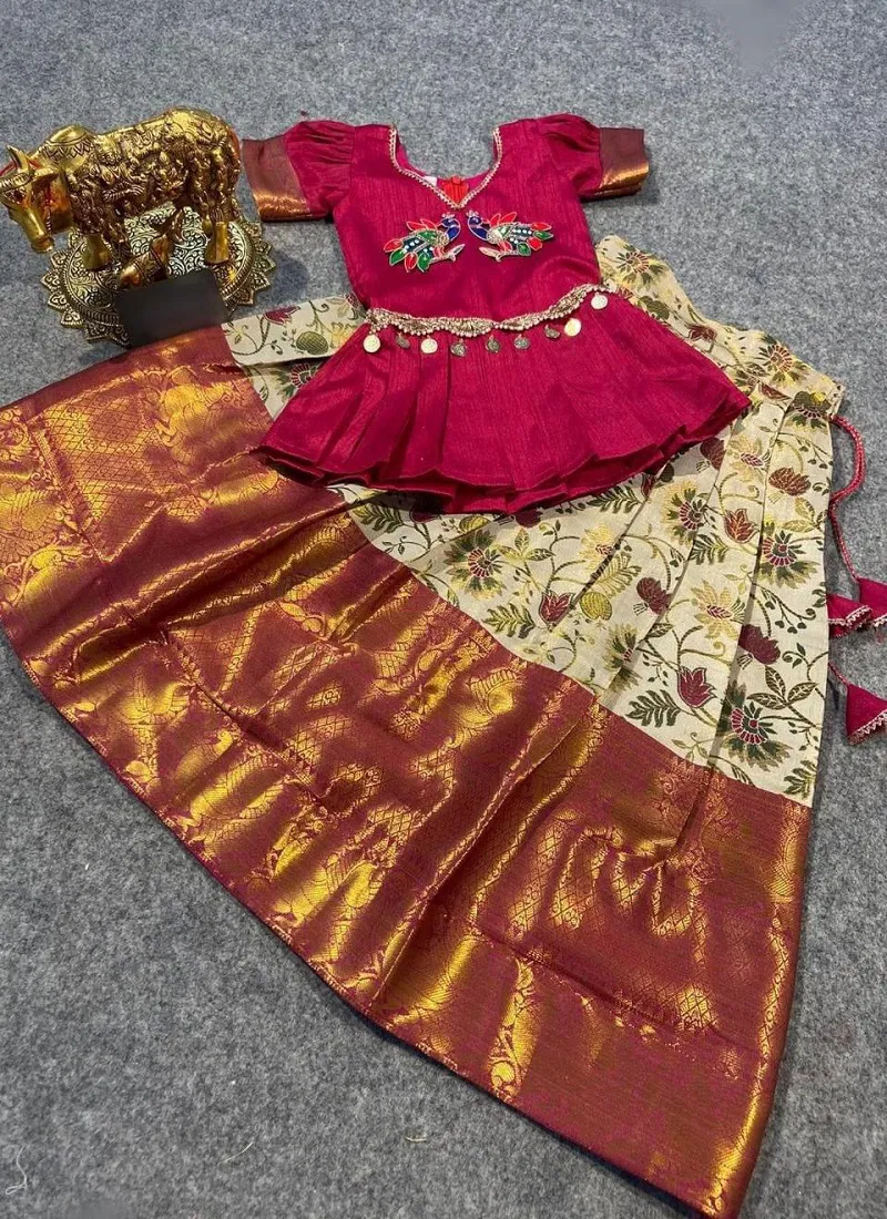 AJD 8028 kids Wear Soft Kanjivaram Silk Girls Crop Top Wholesale Shop In Surat
