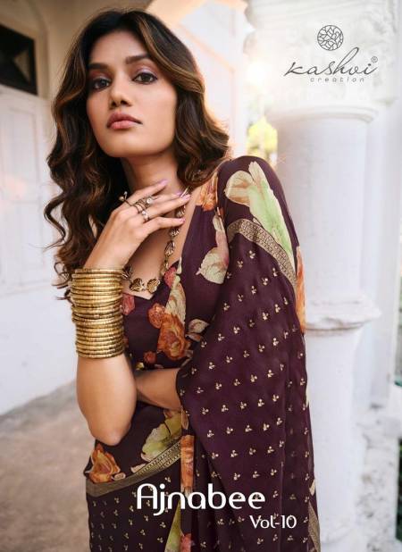 Ajnabee Vol 10 By Kashvi Dull Moss Foil Printed Sarees Wholesale Market In Surat
 Catalog