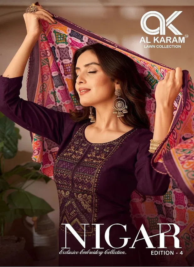 Al Karam Nigar Vol 4 Rayon Slub Embroidered Dress Material Orders In India