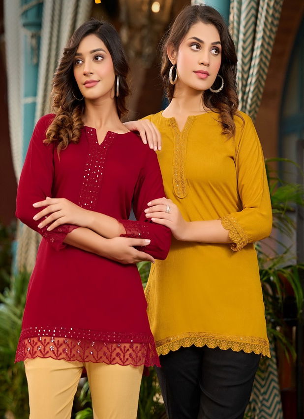 Alfa By Rangmaya Rayon Short Designer Kurtis Catalog