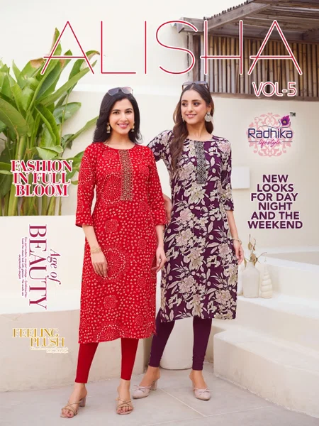 Alisha Vol 5 By Radhika Rayon Printed Only Kurti Wholesalers In Surat