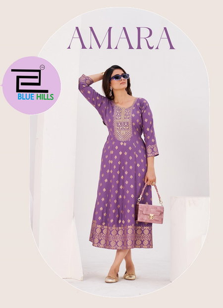 Amara By Blue Hills Rayon Printed Ladies Anarkali Kurtis Wholesale Market In Surat