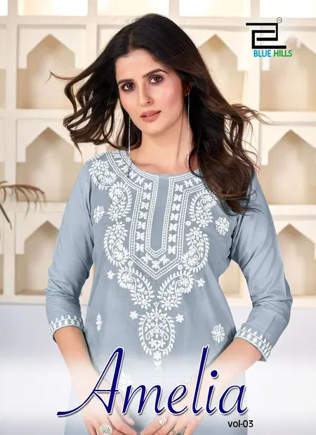 Amelia Vol 3 By Blue Hills Rayon Lucknavi Work Short Kurti Wholesale Price In Surat