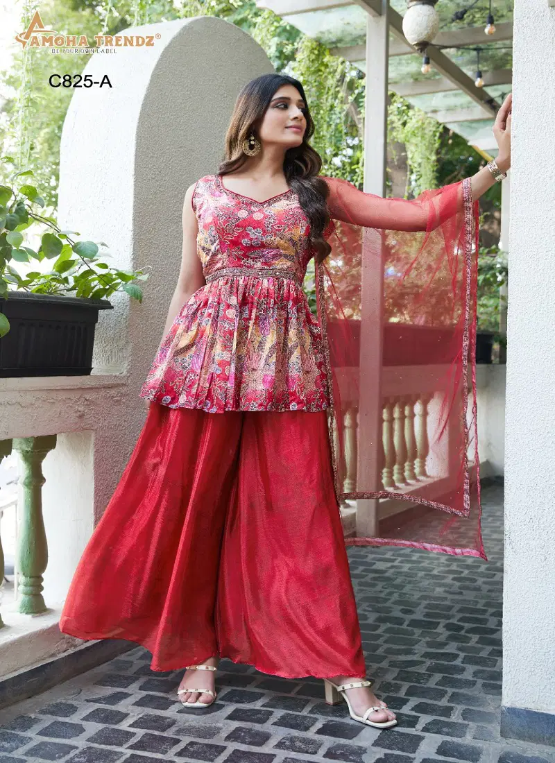 Amoha Trendz C825 Red Chiffon Readymade Suits Online Wholesale Catalog