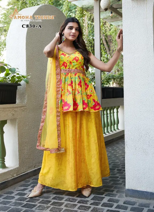 Amoha Trendz C830 Yellow Chiffon Readymade Suits Wholesale Shop In Surat