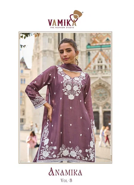 Anamika Vol 3 By Vamika Chinon Wholesale Kurti With Bottom Dupatta In India