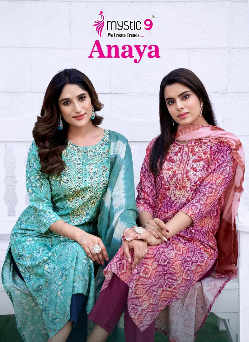 Anaya Vol 1 By Mystic 9 Rayon Embroidery Kurti With Bottom Dupatta Exporters In India Catalog