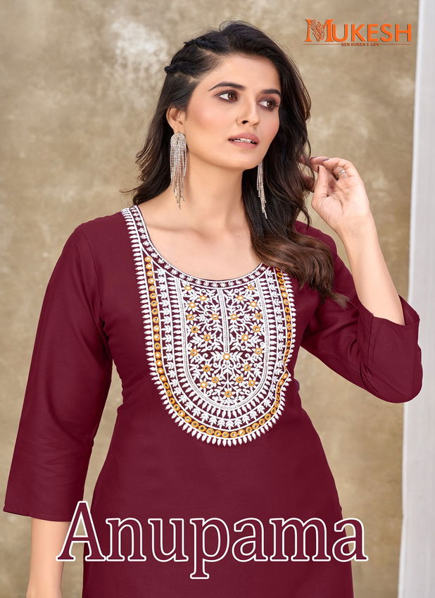 Anupama By Banwery Rayon Mirror Embroidery Kurtis Wholesale Market In Surat