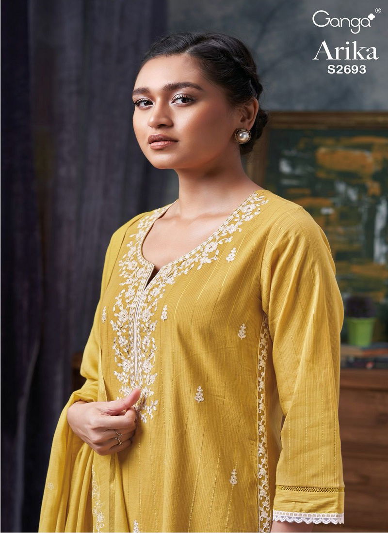 Arika 2693 By Ganga Cotton Embroidery Dress Material Wholesalers In Delhi Catalog