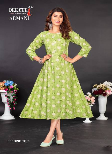 Armani By Dee Cee Flaired Rayon Printed Feeding Kurtis Wholesale Clothing Suppliers In India Catalog