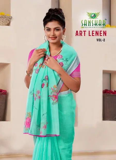 Art Lenen Vol 2 By Sanskar Fancy Flower Print Sarees Wholesale Clothing Distributors In India