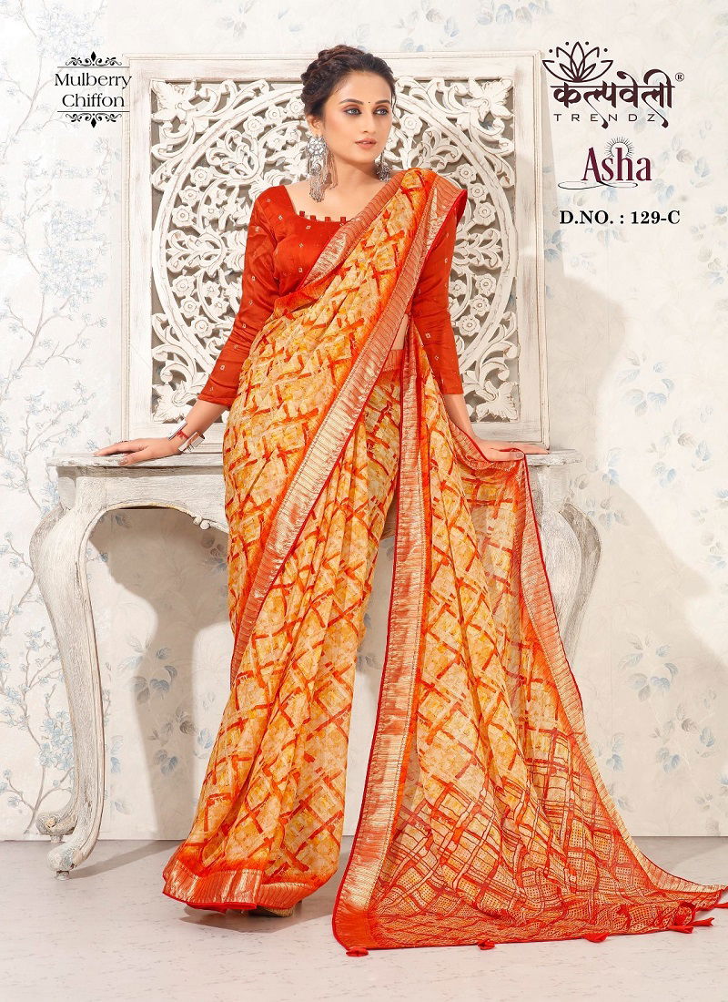 Asha 129 By Kalpatru Mulberry Chiffon Printed Sarees Wholesale Shop In Surat Catalog