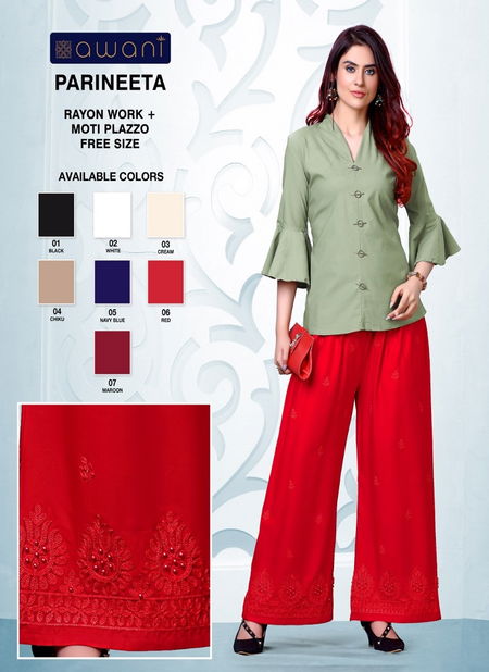 Awani Parineeta Premium Rayon Latest Designer Moti Work Western Plazzo Collection
 Catalog