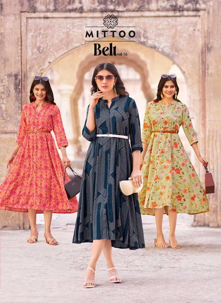 Belt Vol 16 By Mittoo Rayon Printed Party Wear Kurtis Wholesale Price In Surat Catalog