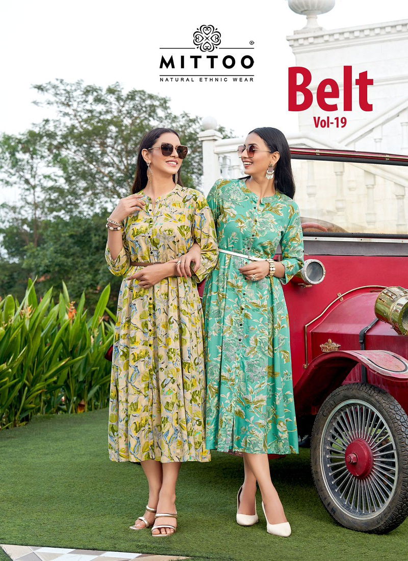 Belt Vol 19 By Mittoo Rayon Printed Party Wear Kurtis Exporters In Inida Catalog