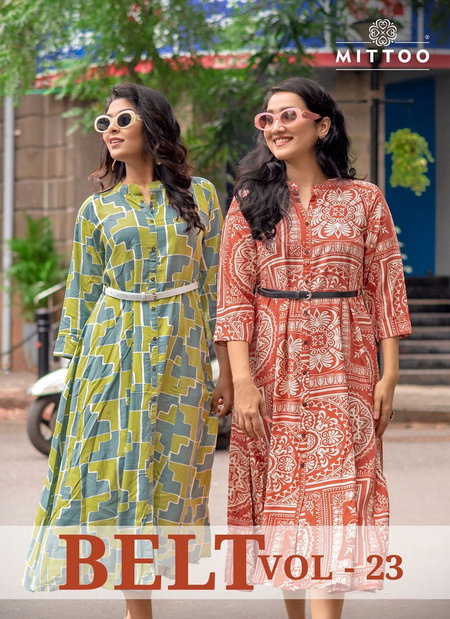 Belt Vol 23 By Mittoo Rayon Printed Desginer Kurtis Wholesale Shop In Surat

