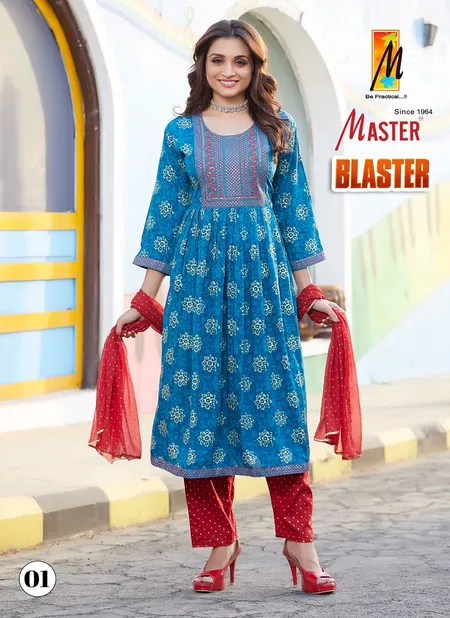 Blaster By Master Naira Cut Rayon Foil Printed Kurti With Bottom Dupatta Wholesalers In Delhi 
 Catalog