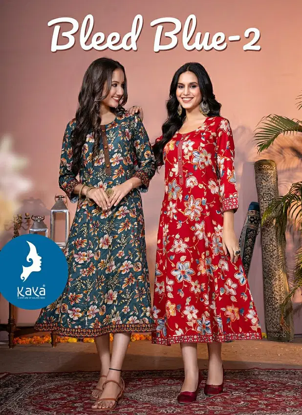 Bleed Blue 2 By Kaya Rayon Printed Anarkali Kurtis Exporters In India