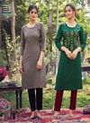 Blue Hills Instagram Latest Fancy Designer Casual Wear Slub Cotton Straight Embroidery Kurtis Collection
