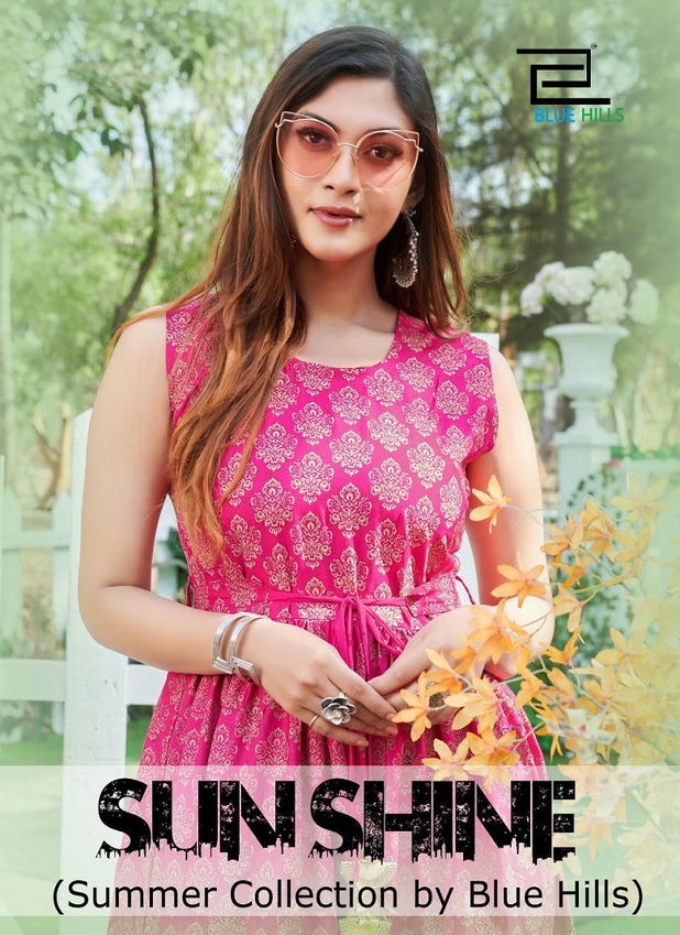 Blue Hills Sun Shine Latest Fancy Ethnic Wear Rayon Printed Flair Long Kurtis Collection
