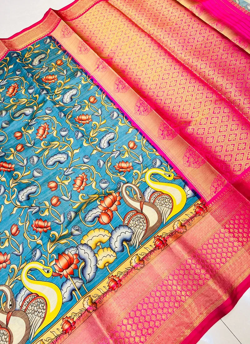 Blue kalamkari tissue Silk Vol 2 Printed Non Catalog Saree Wholesale Price