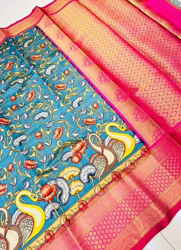 Blue kalamkari tissue Silk Vol 2 Printed Non Catalog Saree Wholesale Price