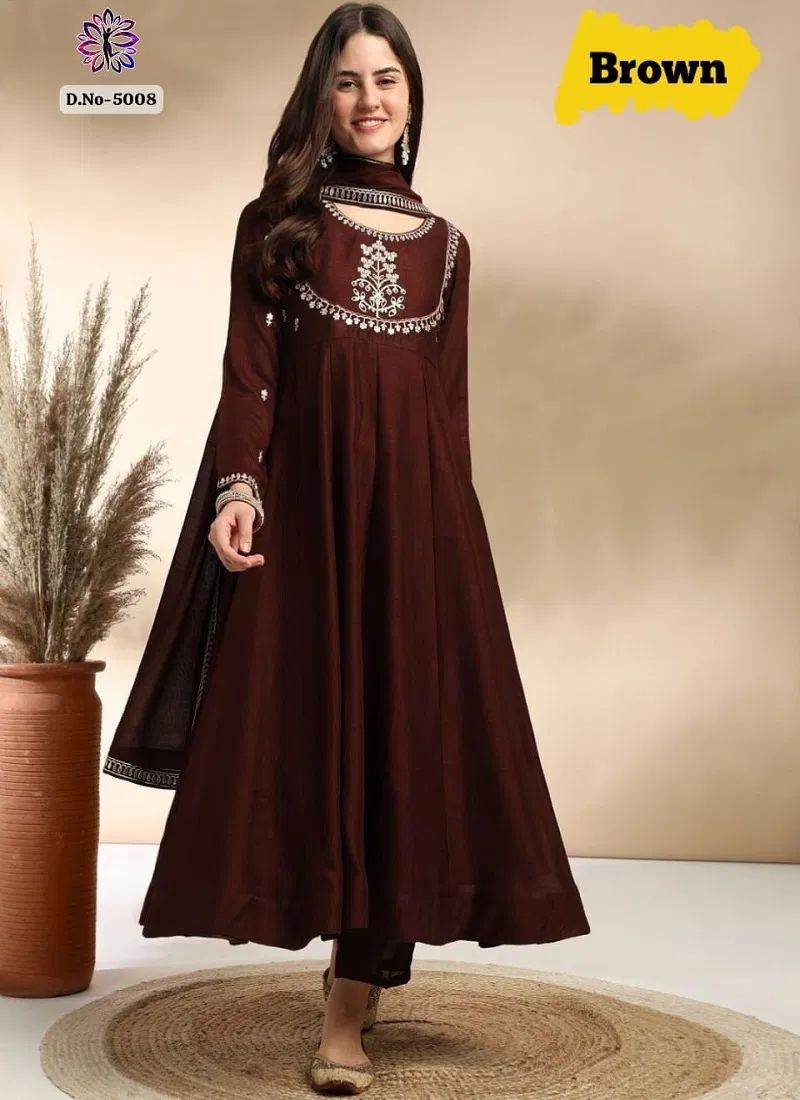 Brown Colour KF 5008 Kalaai Embroidery Kurti With Bottom Dupatta Suppliers In India