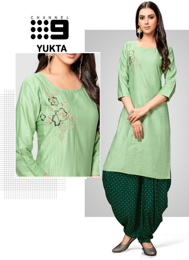 C9 Yukta Latest Collection Of Embroidery Worked Jam Satin Kurti With Patiyala 