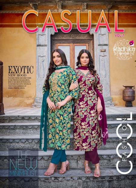 Casual Vol 1 By Radhika Rayon Foil Printed Embroidery Kurti With Bottom Dupatta Wholesale Shop In Surat Catalog