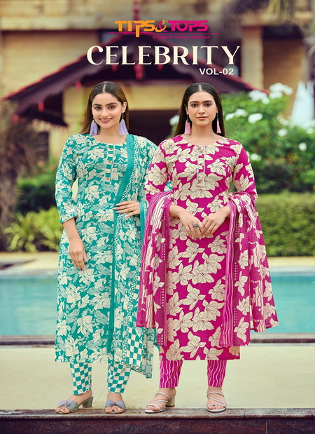 Celebrity Vol 2 By Tips And Tops Rayon Printed Kurti With Bottom Dupatta Wholesalers In Surat
