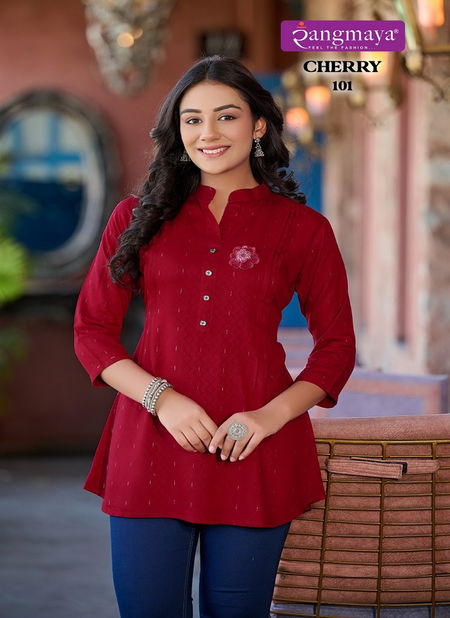 Cherry By Rangmaya Rayon Dobby Designer Tunic Top Wholesale Price In Surat
 Catalog