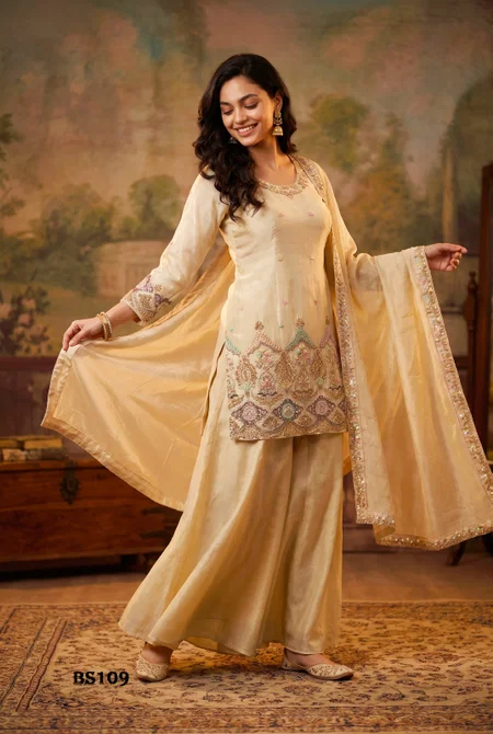 Cream Colour Luxuria Vol 1 By Beriston Viscose Sharara Suit BS109
