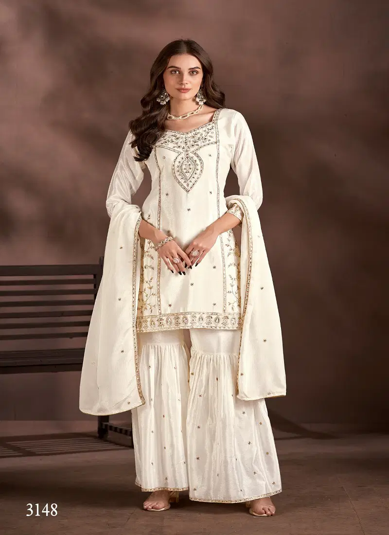 D 3148 To 3150 By Ladies Flavour Chinon Embroidery Readymade Suits Wholesale Online Catalog