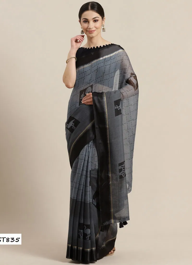 Daily Wear Stylish Collection Of Designer Linen Cotton Saree With Banglori Silk Blouse 