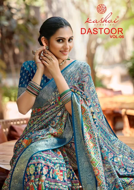Dastoor Vol 6 By Kashvi Viscose Bright Moss Foil Ladies Saree Wholesale Market In Surat

