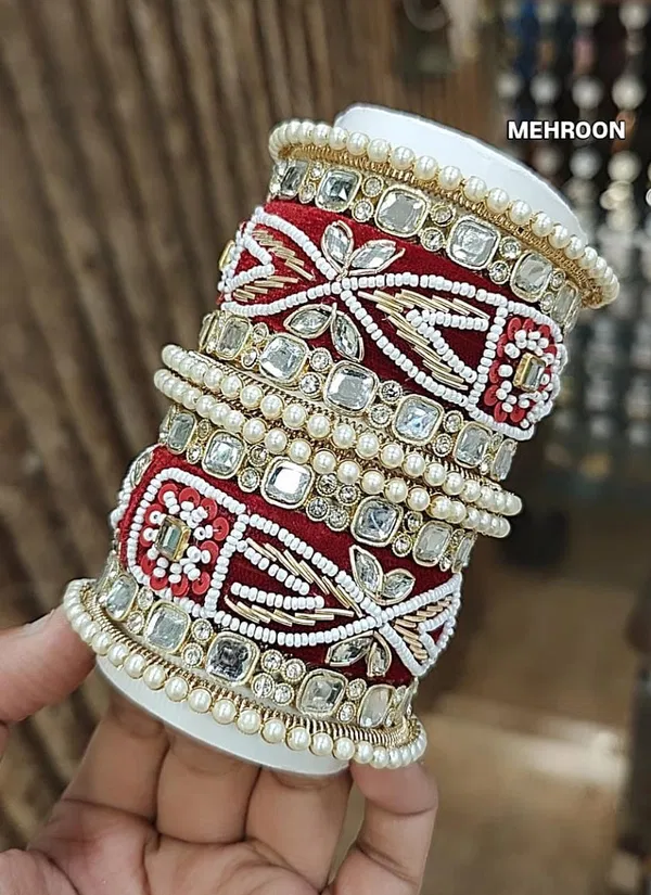 Designet Chandni Moti Kundan Stone Bangles Set Wholesale Shop In Surat
