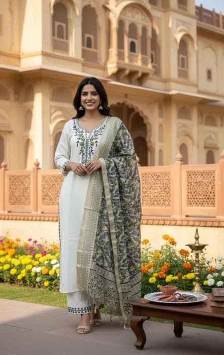 Dhruvi 501 Cotton Flex Embroidery Kurti With Bottom Dupatta 