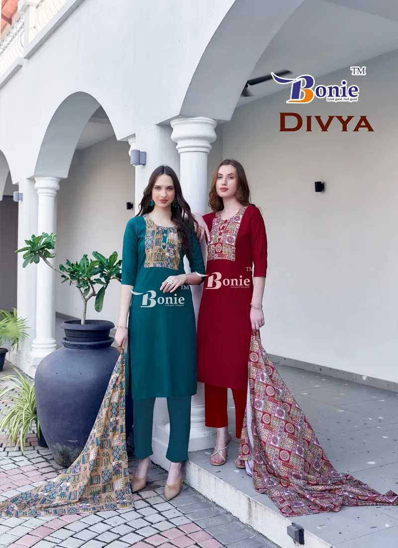 Divya Vol 1 By Bonie Heavy Rayon Stylish Kurti With Bottom Dupatta Wholesale Online Catalog