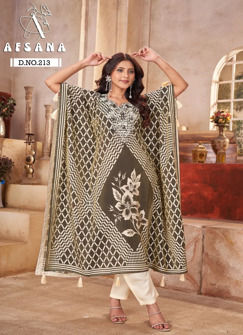 DN 213 By Afsana Modal Mirror Work Digital Printed Kaftan With Bottom 
Wholesale Market In Surat Catalog