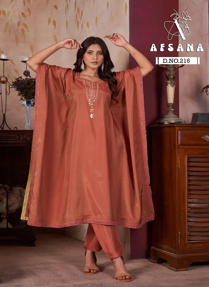 DN 216 By Afsana Modal Mirror Work Kaftan Kurti With Bottom Wholesale Price In Surat
 Catalog