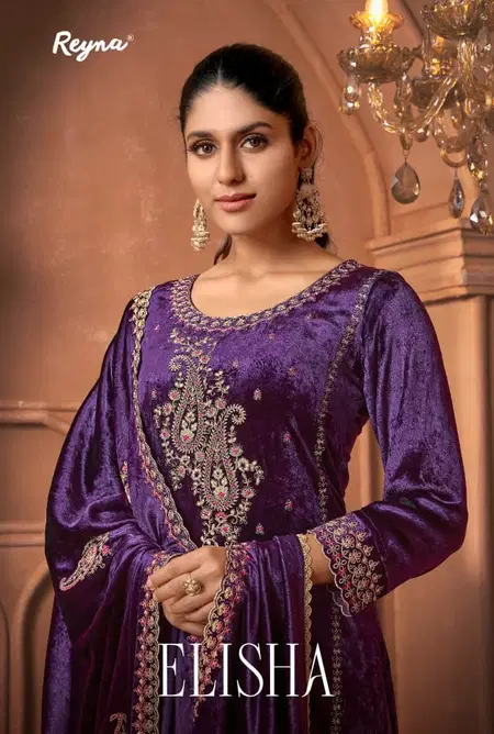 Elisha By Reyna Viscose Velvet Embroidery Online Dress Material Wholesale

