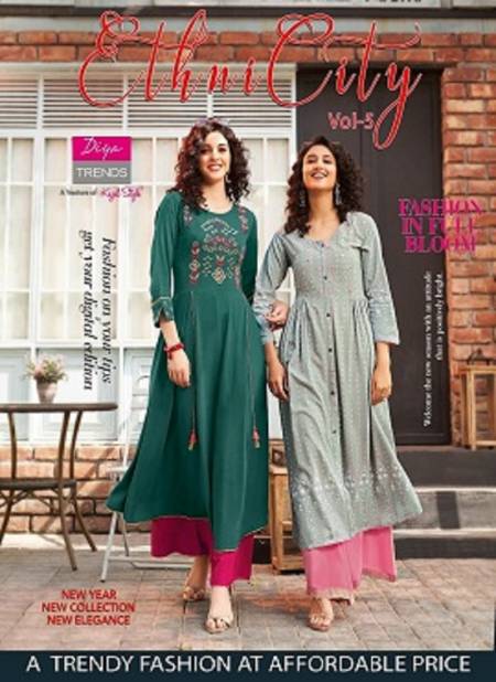 Ethnicity 5 Latest Designer Heavy Festive Wear Long Gown Style Rayon And Embroidery Work Long Kurtis Collection
 Catalog