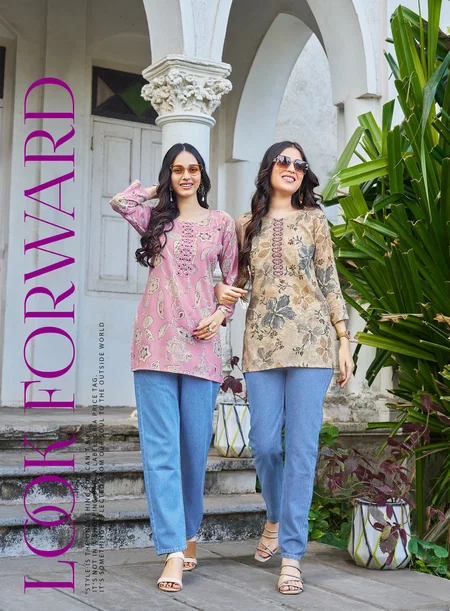 Evara Vol 1 By Radhika Rayon Foil Printed Ladies Short Top Suppliers In India

