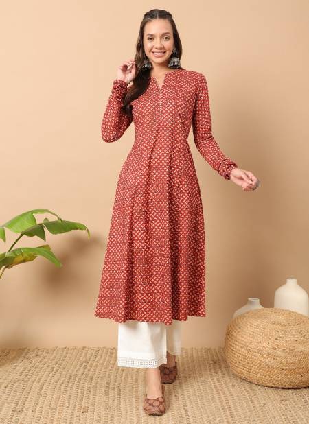 FAR0113 Red Size Set Long Sleeve Printed Cotton Kurti Wholesale Shop In Surat
