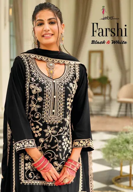 Farshi Black And White By Eba Chinon Embroidery Surat Readymade Suits Wholesale Market