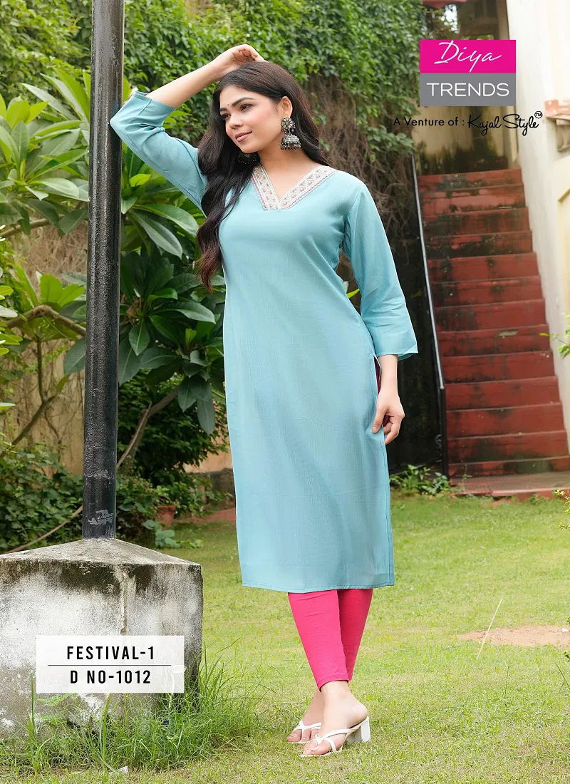 Festival Vol 1 By Diya Trends Roman Silk Embroidery Kurtis Suppliers In India Catalog