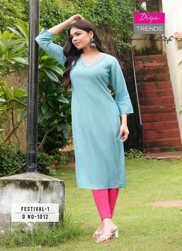 Festival Vol 1 By Diya Trends Roman Silk Embroidery Kurtis Suppliers In India