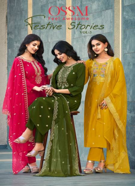 Festive Stories Vol 03 By Ossm Embroidery Roman Silk Readymade Suits Wholesale Price In Surat
